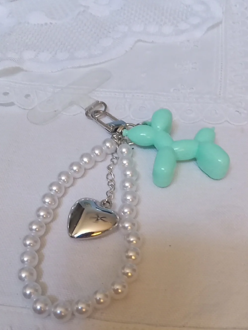 Mint Balloon Dog & Pearl Phone Charm Or Keychain